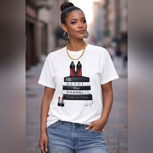 NWT Black Tee with Designer Name Books Lux Design